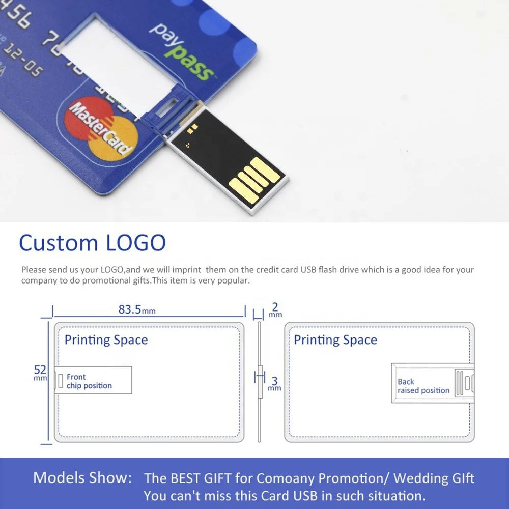 100PCS Credit Card USB Flash Drive 1GB 2GB Memory Storage 4GB 8GB 16GB 32GB 64GB USB 2.0 Pen Drive Custom For Gift USB Disk