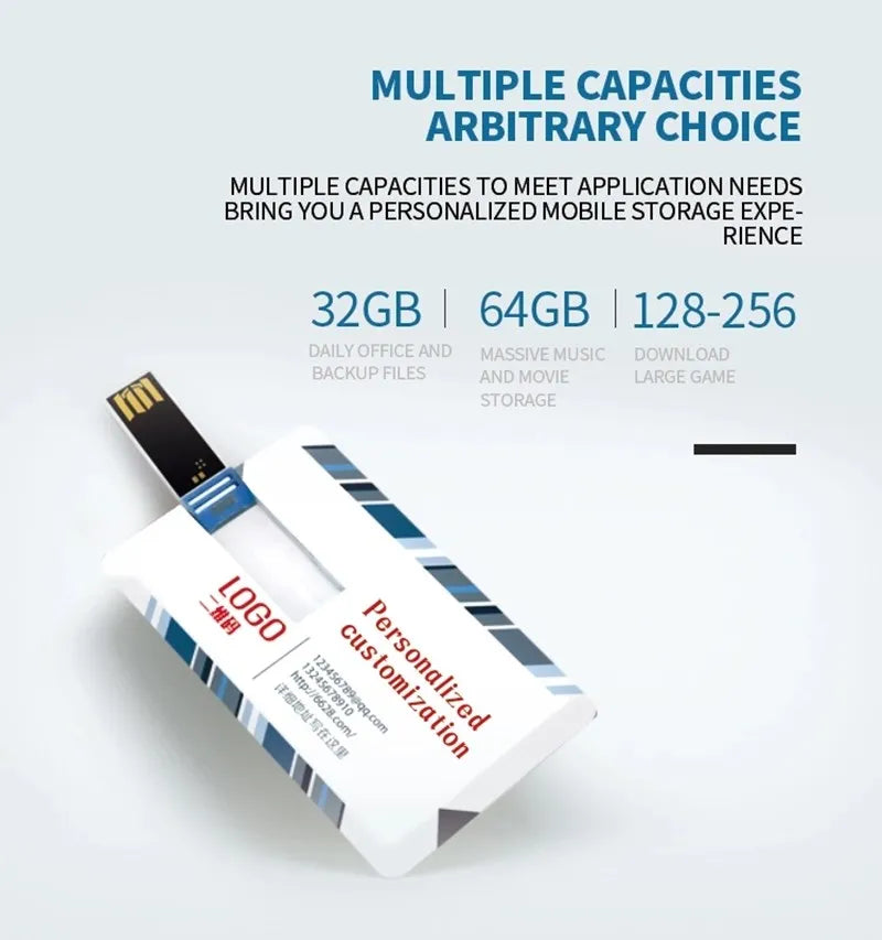 100PCS Credit Card USB Flash Drive 1GB 2GB Memory Storage 4GB 8GB 16GB 32GB 64GB USB 2.0 Pen Drive Custom For Gift USB Disk