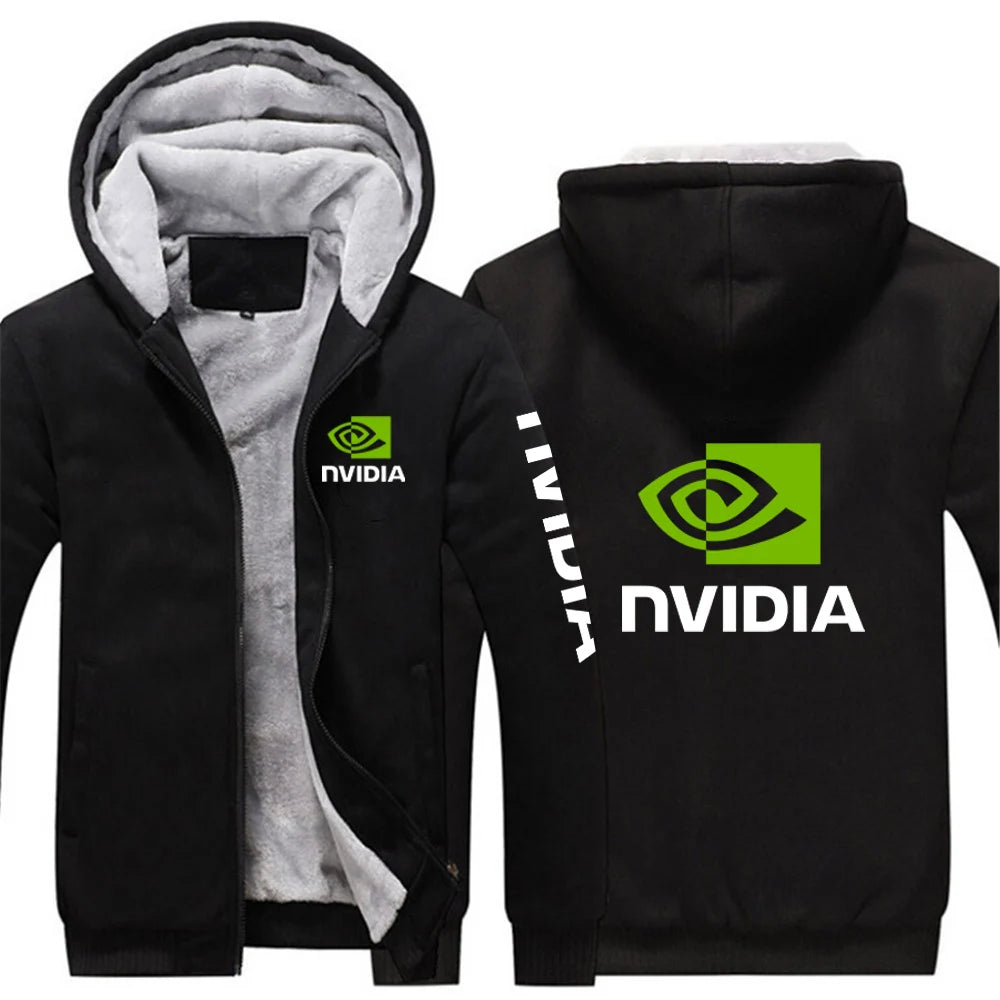 2025 Autumn Winter Men NVIDIA Logo Print Popular Patchwork Sleeve Cold Prevention Warm Coat Trendy Comfortable Thickened Hoodies
