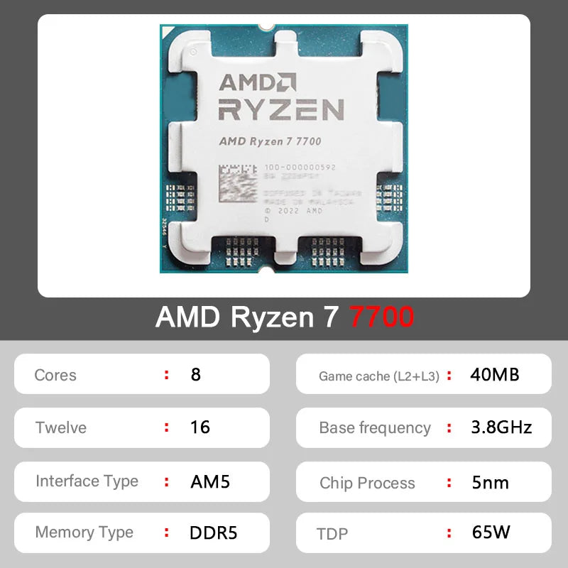 AMD Ryzen 7 7700 — 8-Core 16-Thread AM5 CPU, 3.8GHz / 5.3GHz, 5nm, 65W