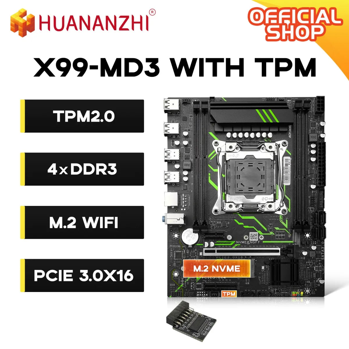 HUANANZHI X99-MD3 Motherboard — LGA 2011-3, DDR3 128GB, Dual M.2 NVMe, USB 3.0, ATX