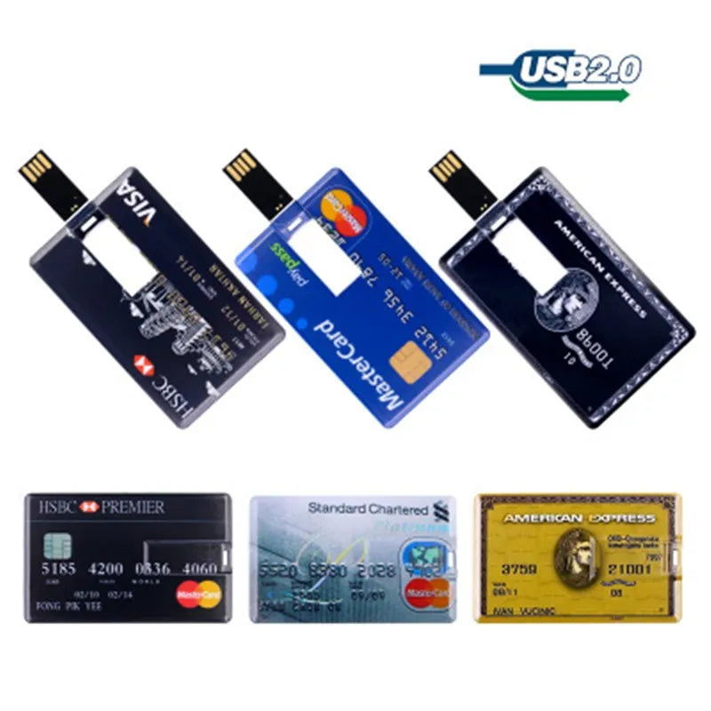 100PCS Credit Card USB Flash Drive 1GB 2GB Memory Storage 4GB 8GB 16GB 32GB 64GB USB 2.0 Pen Drive Custom For Gift USB Disk