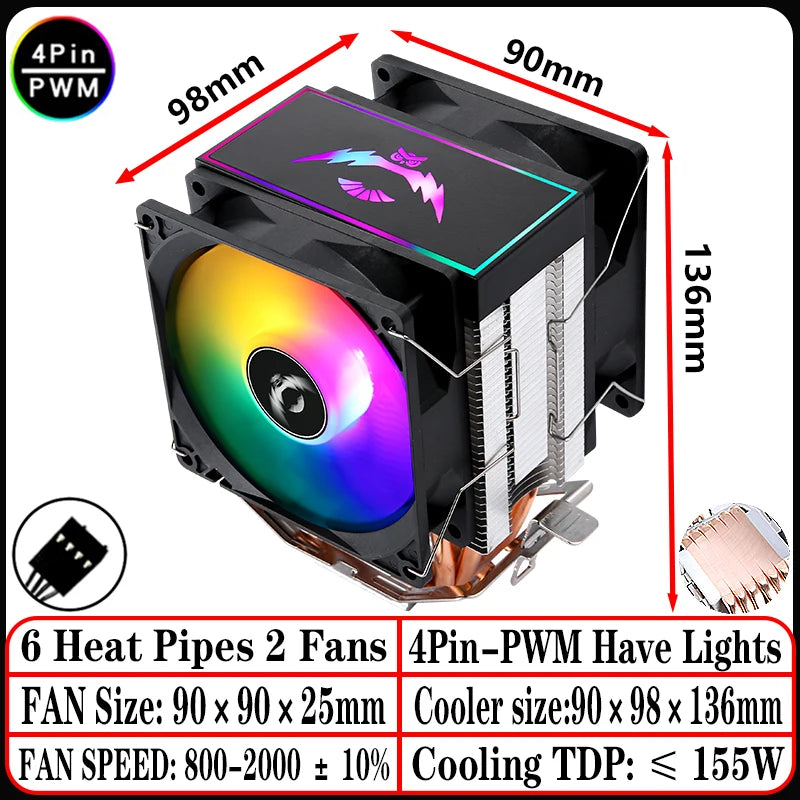 2/4/6 Heat Pipe CPU Cooler RGB Fans 90mm Air-Cooled Black and White Radiator for Install LGA1200 1700 1851 115X 2011 AM4 AM5 X99