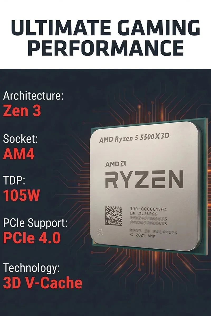 AMD Ryzen 5 5500X3D 3.1GHz 6-Core 12-Thread Desktop Processor AM4 CPU with 3D V-Cache Technology