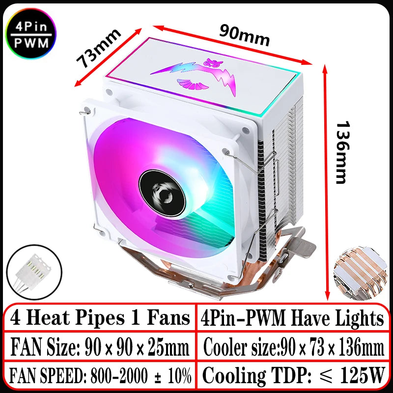 2/4/6 Heat Pipe CPU Cooler RGB Fans 90mm Air-Cooled Black and White Radiator for Install LGA1200 1700 1851 115X 2011 AM4 AM5 X99