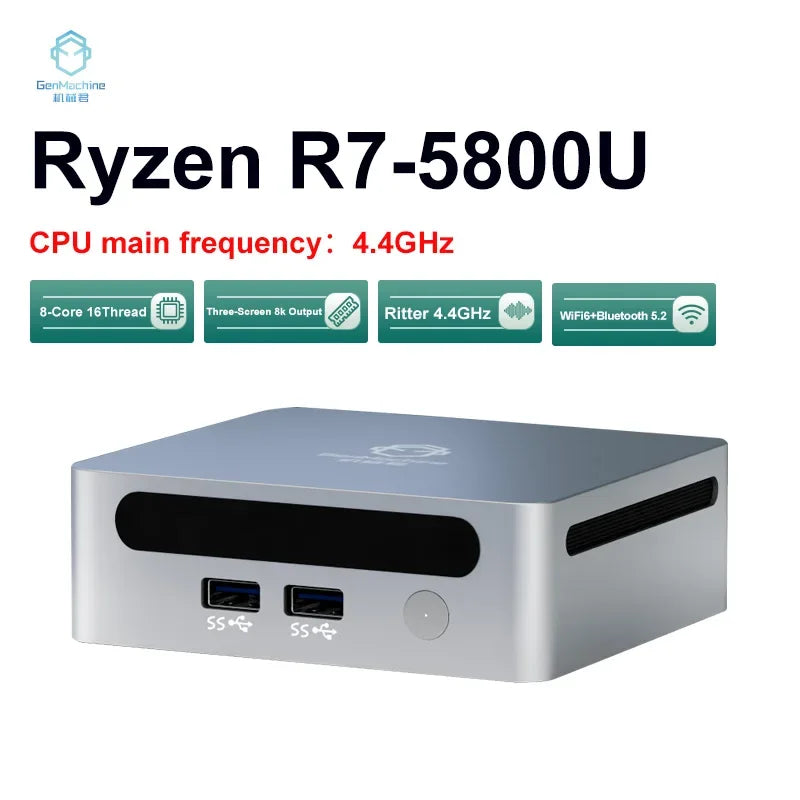GenMachine Mini PC — AMD Ryzen 7 5800U, 16GB DDR4, 512GB SSD, WiFi 6, Windows 11