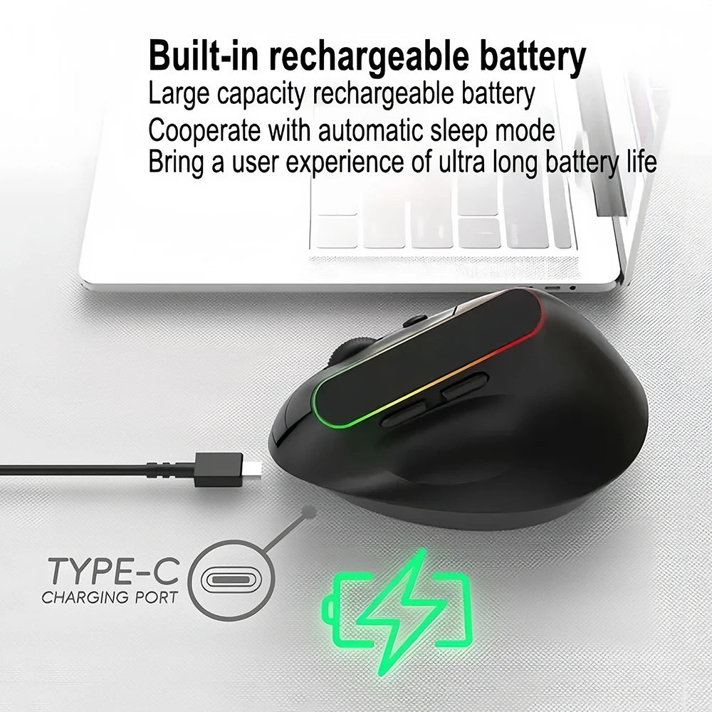 Dual Mode RGB Vertical Mouse — 2.4G Wireless + Bluetooth, Rechargeable, Silent, Ergonomic