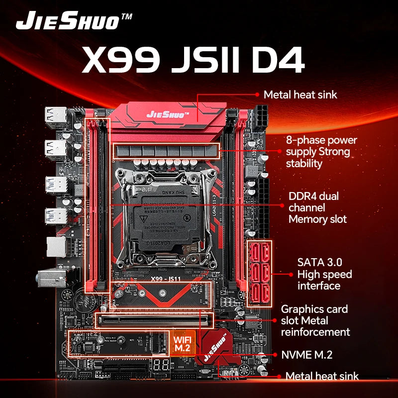 JIESHUO X99-JS11 Motherboard Set for Gaming with Xeon E5-2680 V4 Processor Compatible with DDR4 2133MHz Dual-Channel RAM & WiFi