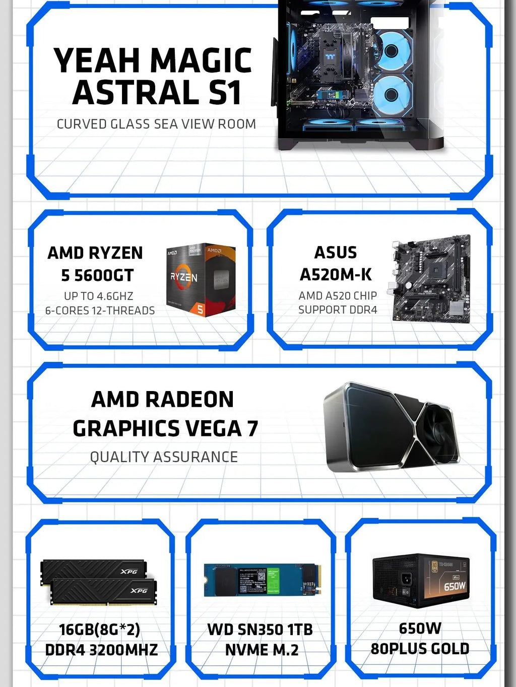 YEAH MAGIC Gaming Desktop — AMD Ryzen 5 5600GT, 16GB DDR4, 1TB SSD