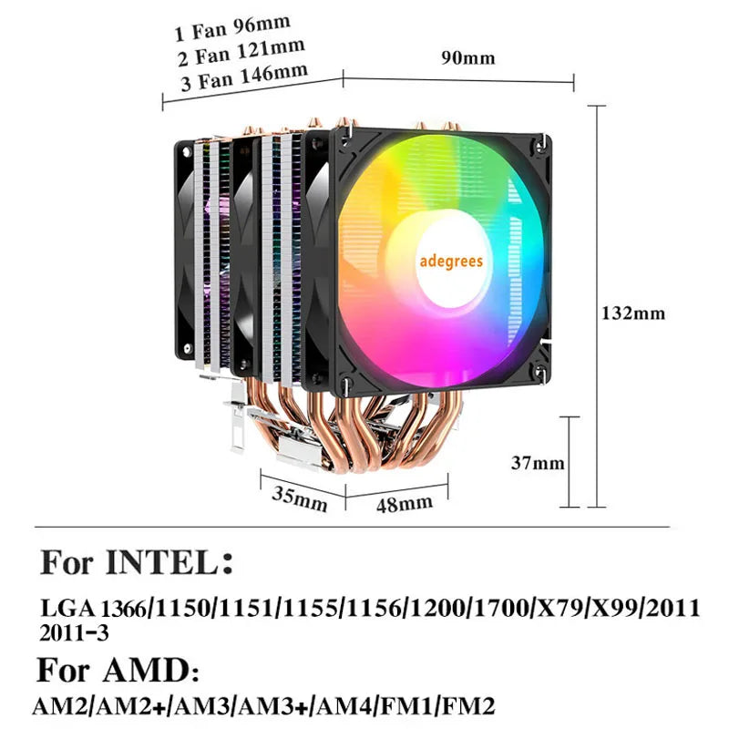 6 Heat Pipes CPU Cooler 4Pin PWM PC Procesor Heat Sinks for Intel LGA 1700 1200 1150 1151 1155 2011 X79 X99 AM3 AM4 Cooling Fan