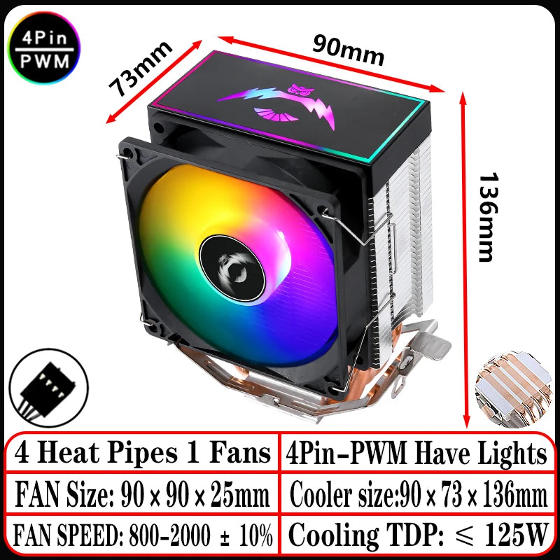 2/4/6 Heat Pipe CPU Cooler RGB Fans 90mm Air-Cooled Black and White Radiator for Install LGA1200 1700 1851 115X 2011 AM4 AM5 X99