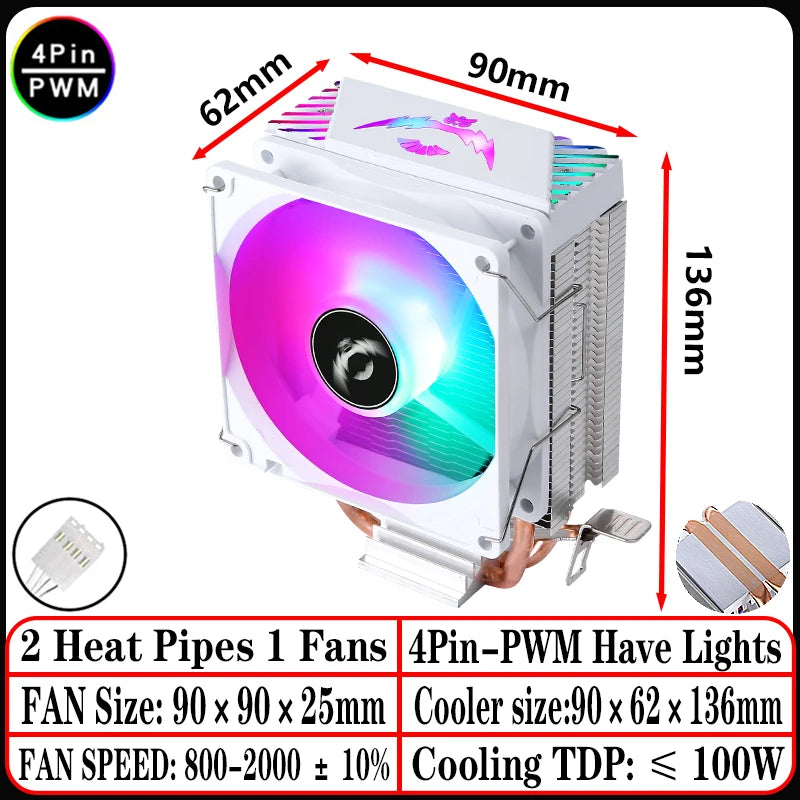 2/4/6 Heat Pipe CPU Cooler RGB Fans 90mm Air-Cooled Black and White Radiator for Install LGA1200 1700 1851 115X 2011 AM4 AM5 X99