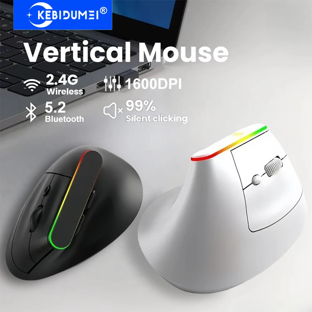 Dual Mode RGB Vertical Mouse — 2.4G Wireless + Bluetooth, Rechargeable, Silent, Ergonomic