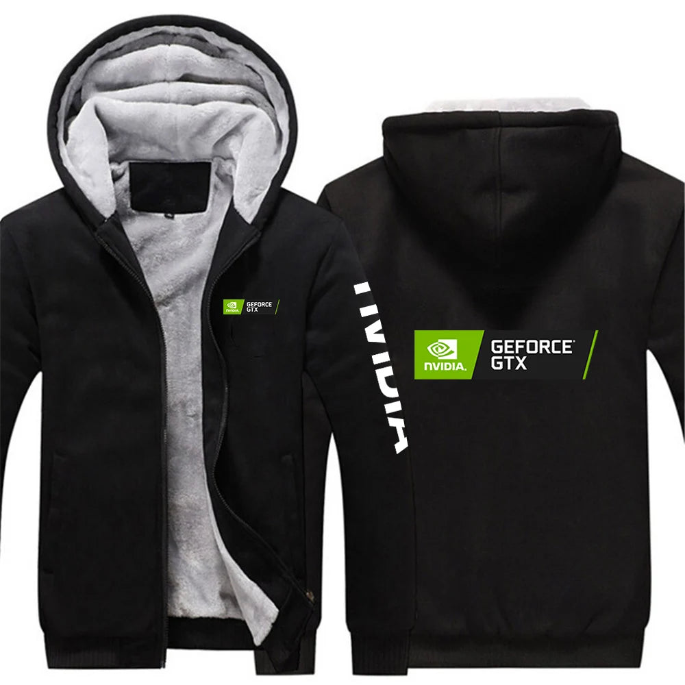 2025 Autumn Winter Men NVIDIA Logo Print Popular Patchwork Sleeve Cold Prevention Warm Coat Trendy Comfortable Thickened Hoodies