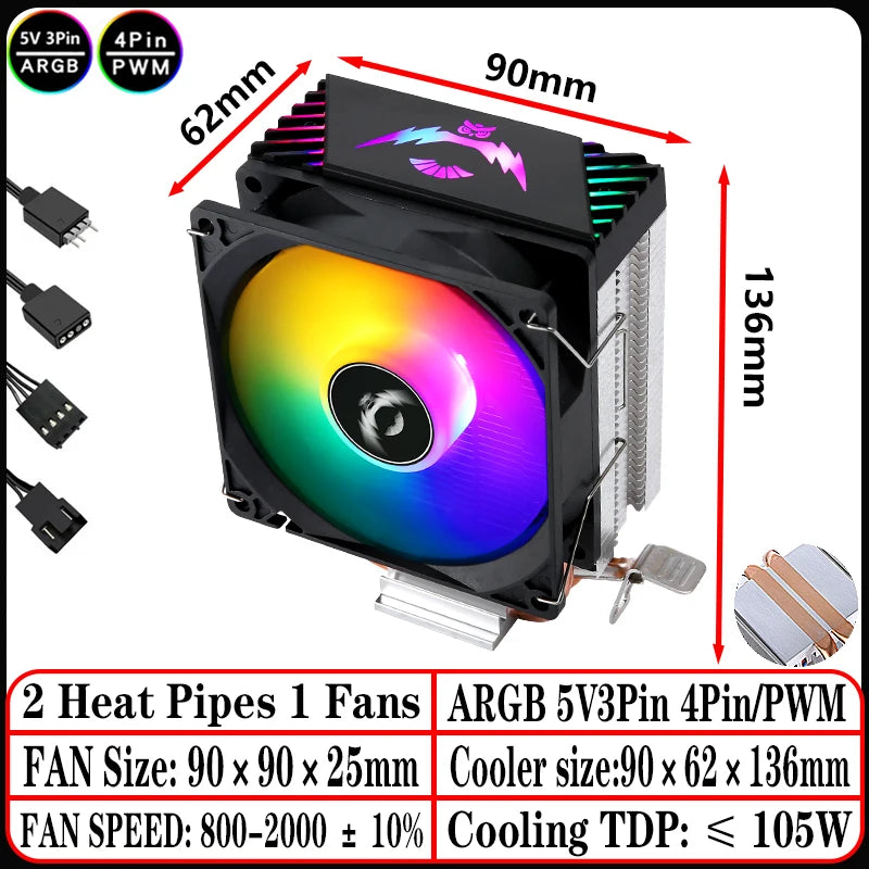 2/4/6 Heat Pipe CPU Cooler RGB Fans 90mm Air-Cooled Black and White Radiator for Install LGA1200 1700 1851 115X 2011 AM4 AM5 X99