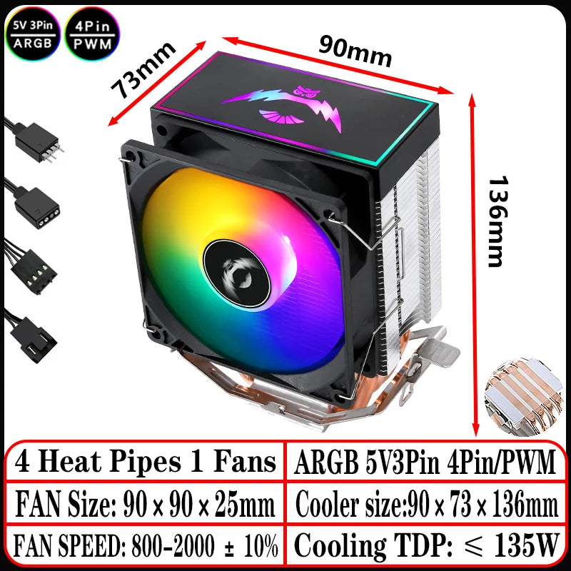 2/4/6 Heat Pipe CPU Cooler RGB Fans 90mm Air-Cooled Black and White Radiator for Install LGA1200 1700 1851 115X 2011 AM4 AM5 X99