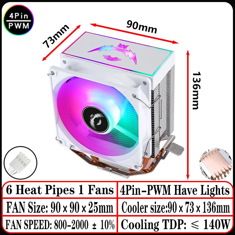 2/4/6 Heat Pipe CPU Cooler RGB Fans 90mm Air-Cooled Black and White Radiator for Install LGA1200 1700 1851 115X 2011 AM4 AM5 X99
