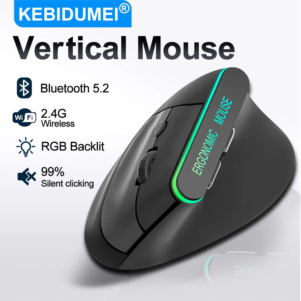 Dual Mode Vertical Ergonomic Mouse — RGB, Wireless 2.4G + Bluetooth, Rechargeable, Silent