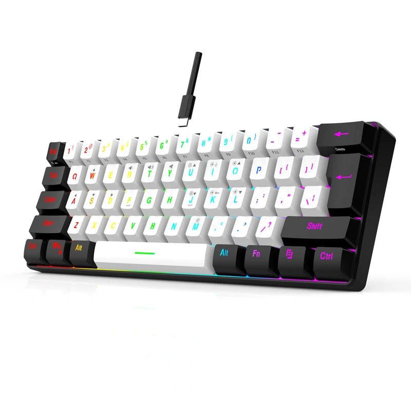 60% compact wired keyboard with 61 key membrane layout, RGB backlighting, ergonomic design, small and portable office computer