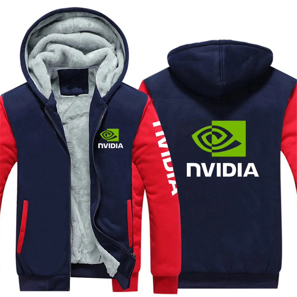 2025 Autumn Winter Men NVIDIA Logo Print Popular Patchwork Sleeve Cold Prevention Warm Coat Trendy Comfortable Thickened Hoodies
