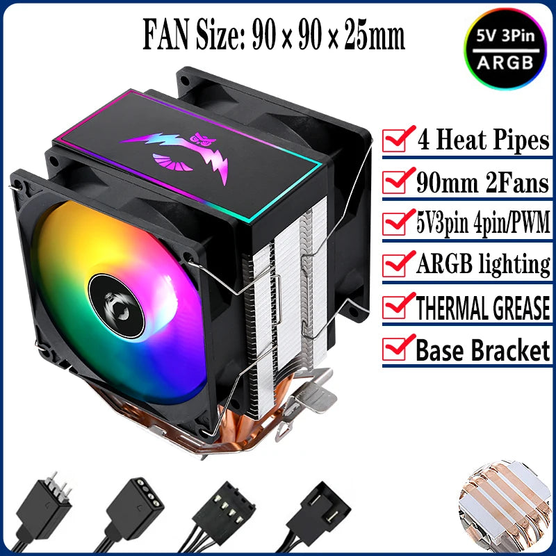 QiuzAim Tower Type Radiator Air-cooled 2/4/6 Heat Pipe CPU Cooler ARGB Fan 90mm Install LGA2011 2066 x99 115x 1200 1700 AM4 AM5