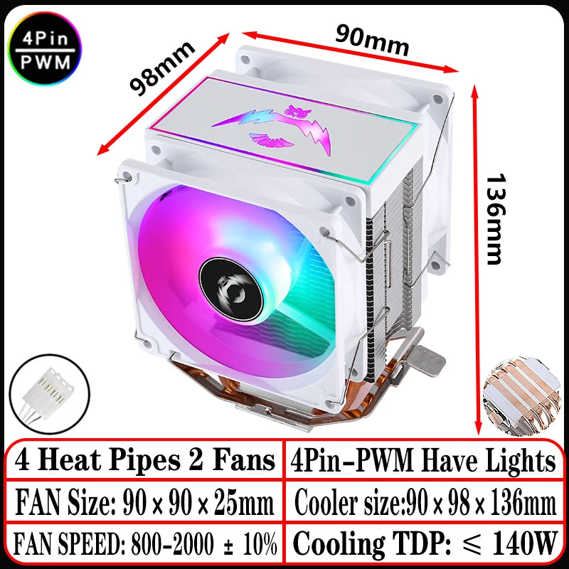 2/4/6 Heat Pipe CPU Cooler RGB Fans 90mm Air-Cooled Black and White Radiator for Install LGA1200 1700 1851 115X 2011 AM4 AM5 X99