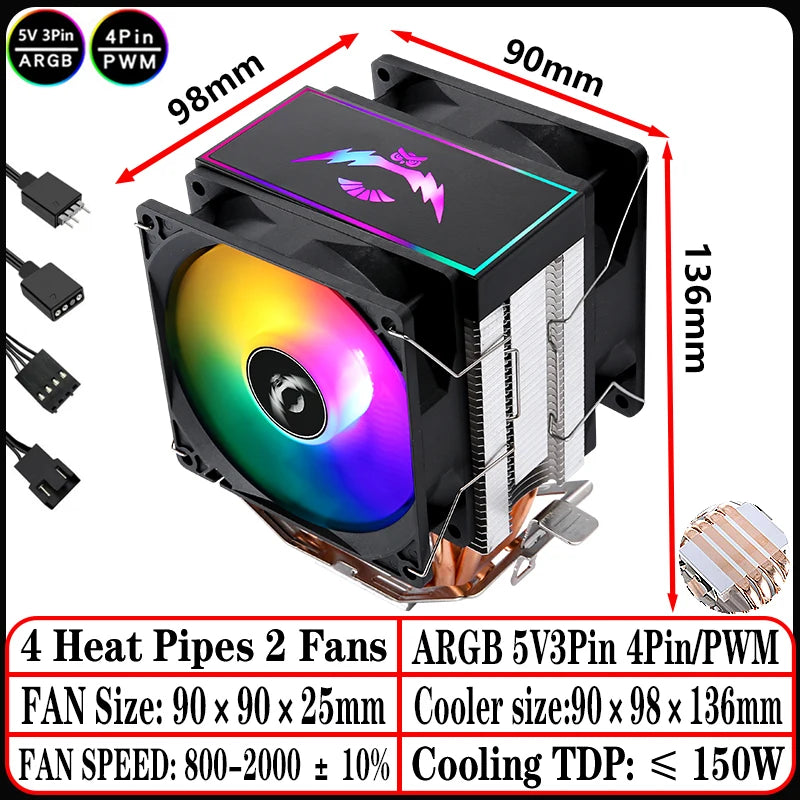 2/4/6 Heat Pipe CPU Cooler RGB Fans 90mm Air-Cooled Black and White Radiator for Install LGA1200 1700 1851 115X 2011 AM4 AM5 X99