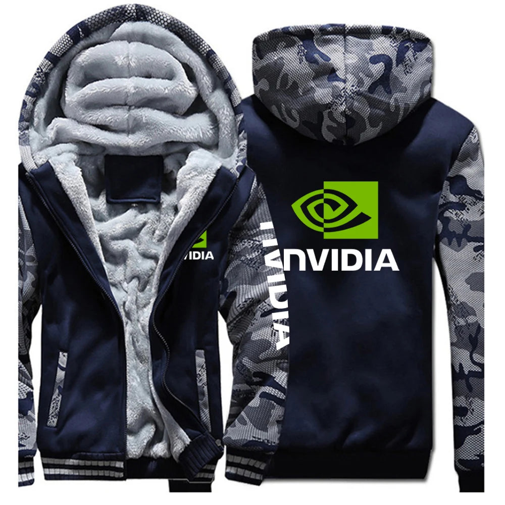 2025 Autumn Winter Men NVIDIA Logo Print Popular Patchwork Sleeve Cold Prevention Warm Coat Trendy Comfortable Thickened Hoodies