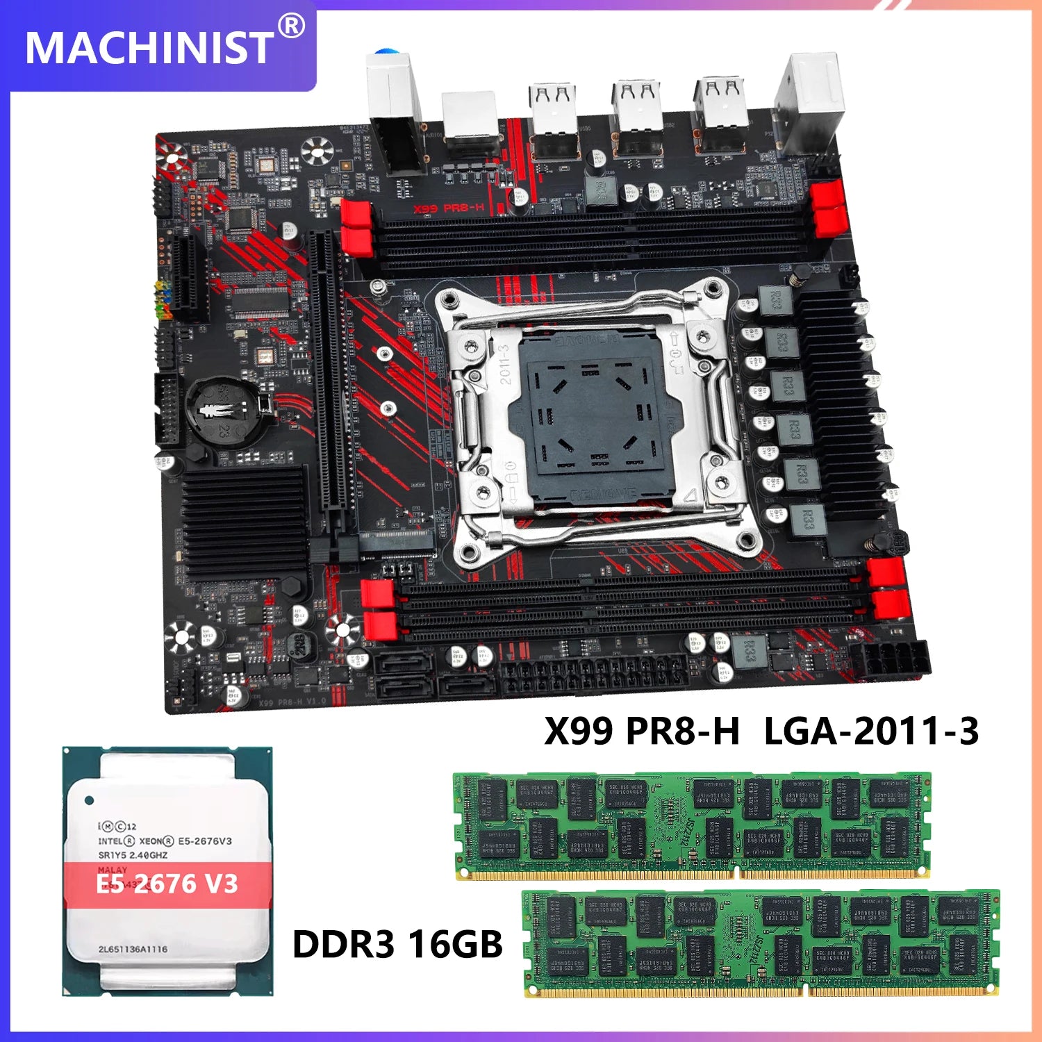 MACHINIST PR8-H X99 Motherboard Kit LGA 2011-3 Xeon E5 2676 V3 CPU Processor 2pcs*8GB=16GB DDR3 ECC Memory RAM M.2 NVME/SATA