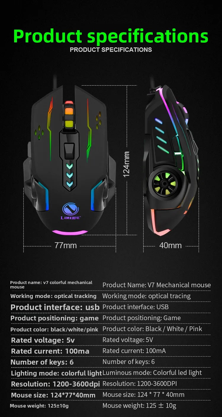 V7 Mechanical Gaming Mouse — LED Lights, Wired, Ambidextrous, Laptop & Desktop