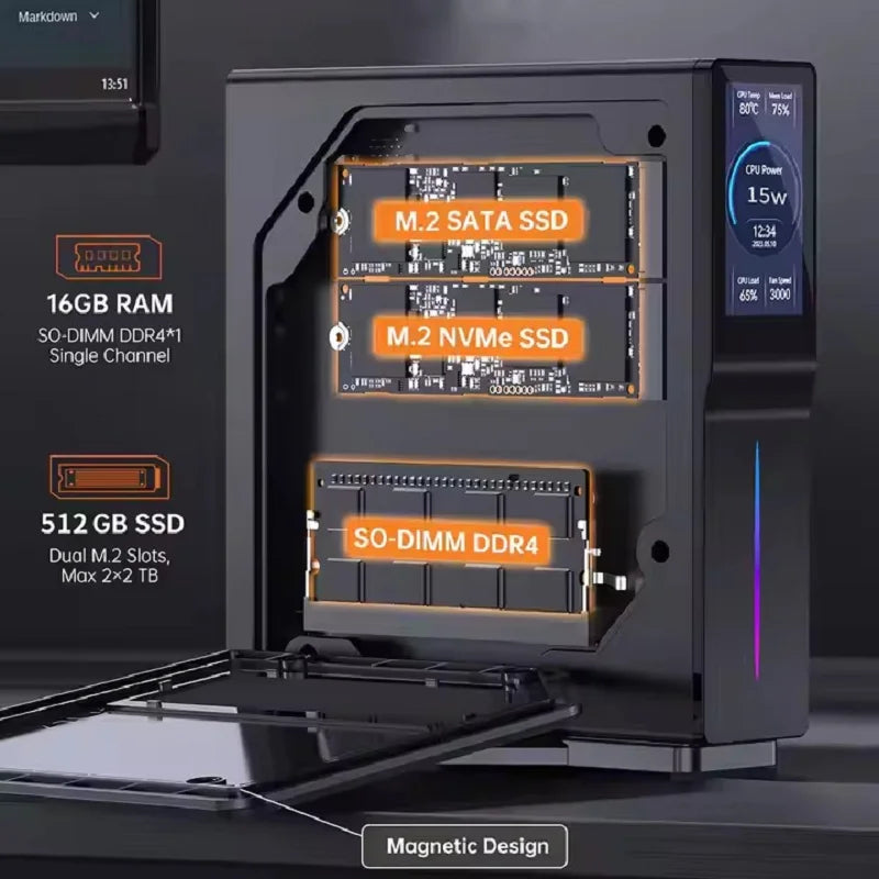 Intel 12th Gen Alder Lake N150 Mini PC M.2 NVMe SSD Mini Computer Gaming Computer LCD Screen Vertical Mini Tower