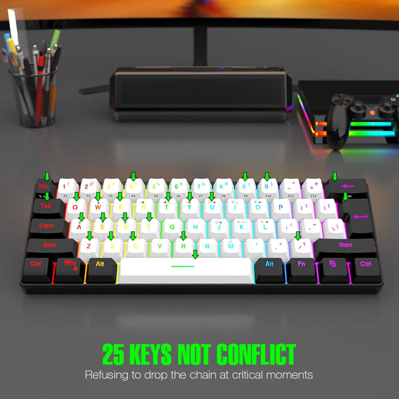 60% compact wired keyboard with 61 key membrane layout, RGB backlighting, ergonomic design, small and portable office computer