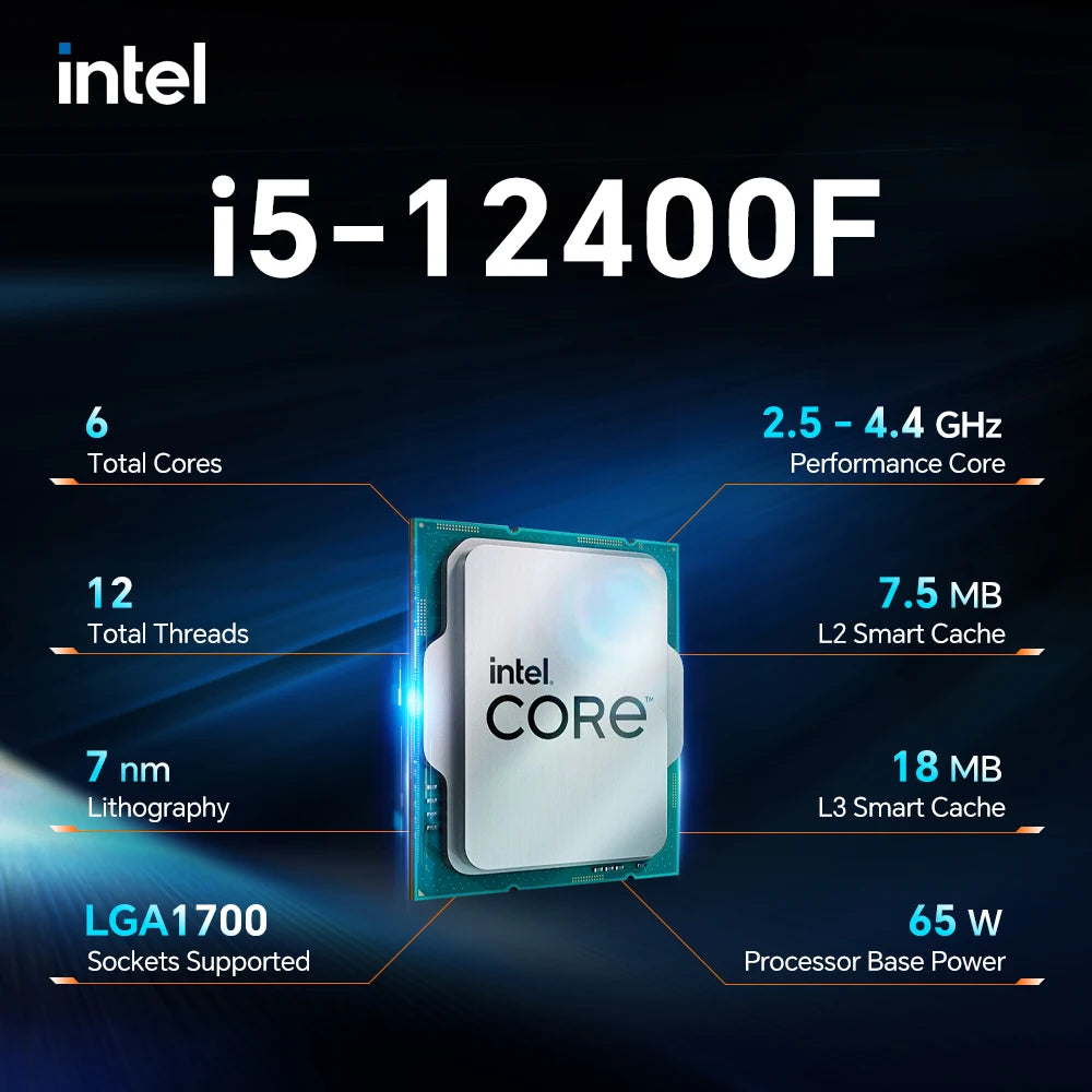 Intel Core i5-12400F — 6-Core 12-Thread LGA 1700 CPU, 2.5GHz / 4.4GHz, 65W, 7nm