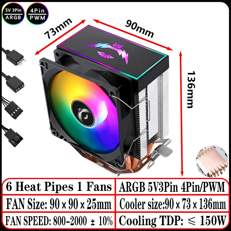 2/4/6 Heat Pipe CPU Cooler RGB Fans 90mm Air-Cooled Black and White Radiator for Install LGA1200 1700 1851 115X 2011 AM4 AM5 X99