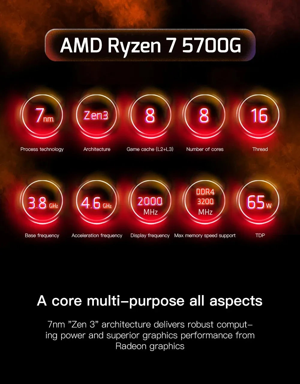 AMD Ryzen 7 5700G — 8-Core 16-Thread AM4 CPU, 3.8GHz / 4.6GHz, Radeon Graphics, 65W