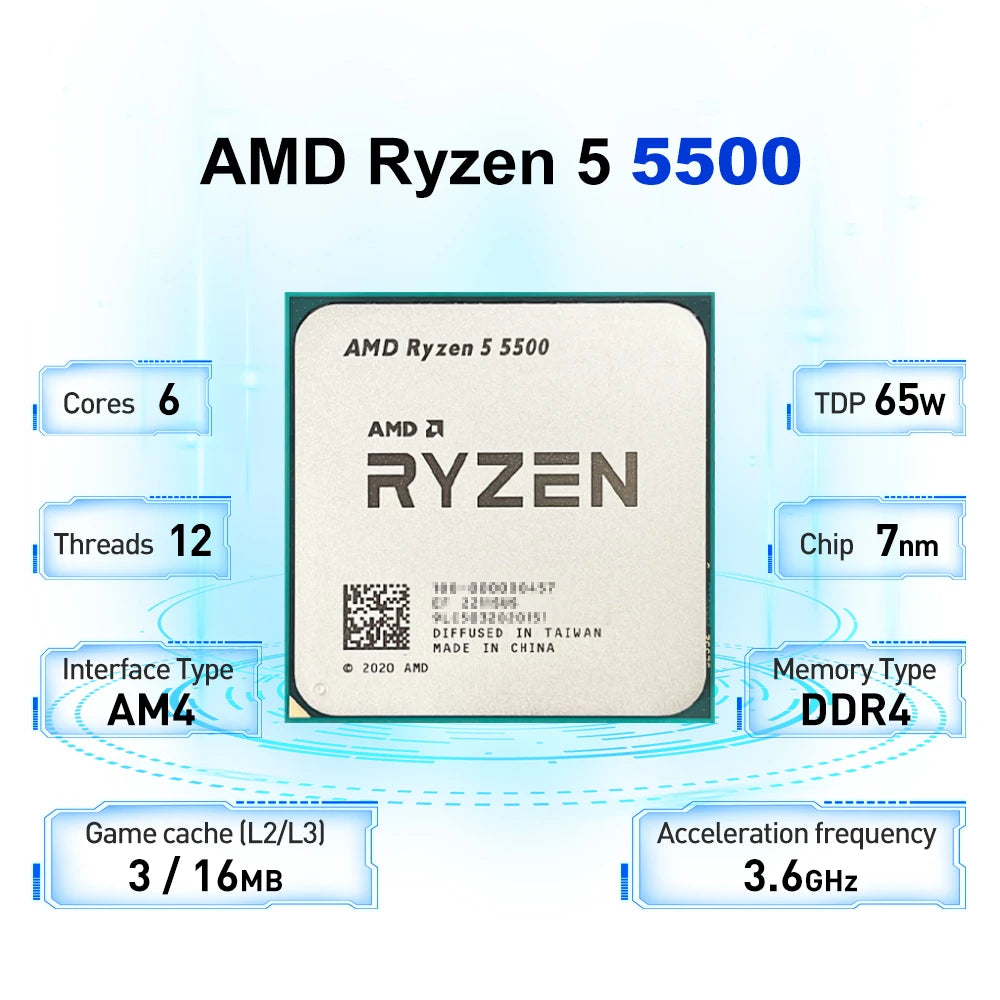 NEW AMD Ryzen 5 5500 Applicable to B550 3.6GHz 6-Core 12-Thread AM4 65W 7NM L3=16M R5 5500 Gaming Processor DDR4 No Fan