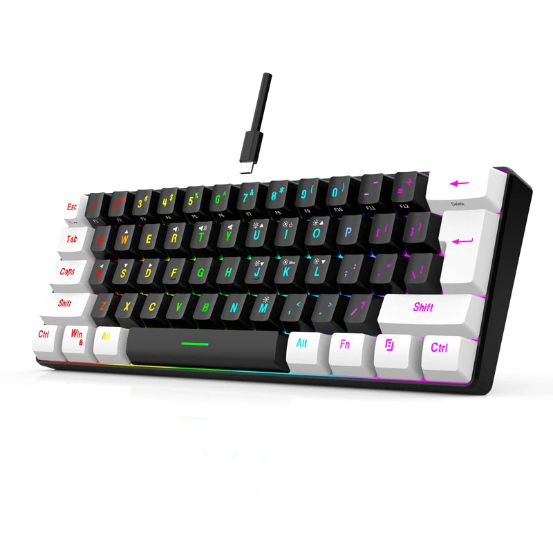 60% compact wired keyboard with 61 key membrane layout, RGB backlighting, ergonomic design, small and portable office computer