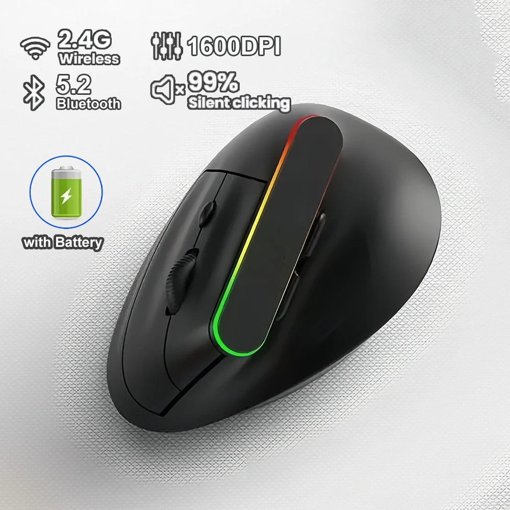 Dual Mode RGB Vertical Mouse — 2.4G Wireless + Bluetooth, Rechargeable, Silent, Ergonomic