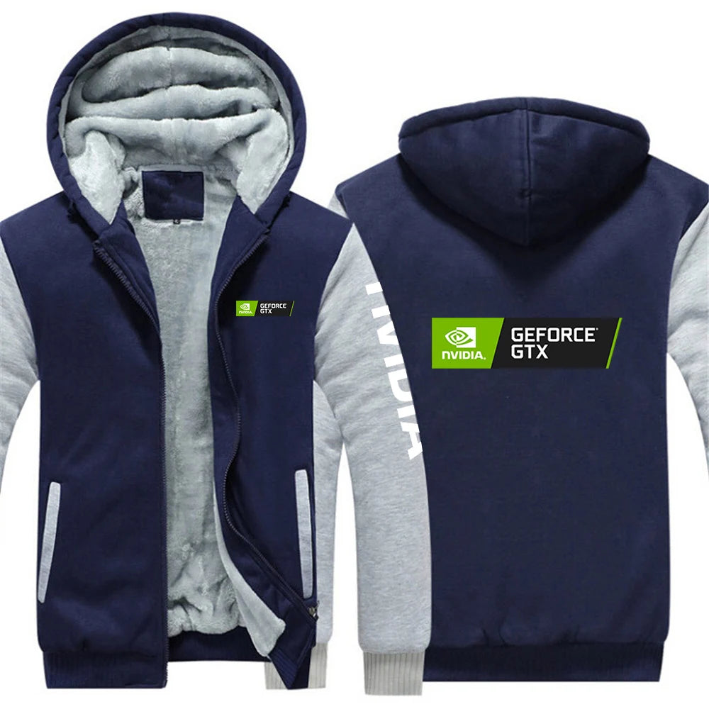 2025 Autumn Winter Men NVIDIA Logo Print Popular Patchwork Sleeve Cold Prevention Warm Coat Trendy Comfortable Thickened Hoodies