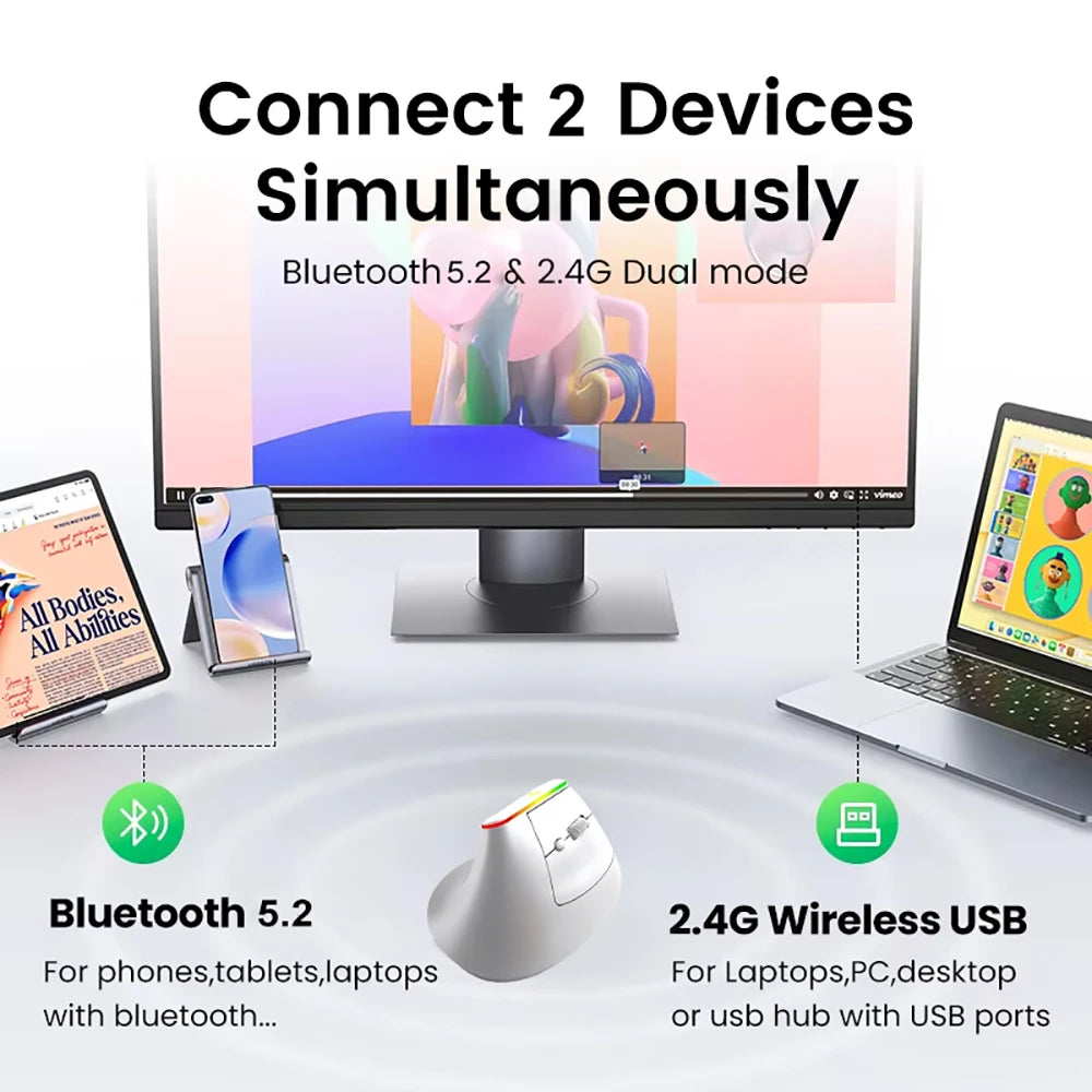 Dual Mode RGB Vertical Mouse — 2.4G Wireless + Bluetooth, Rechargeable, Silent, Ergonomic