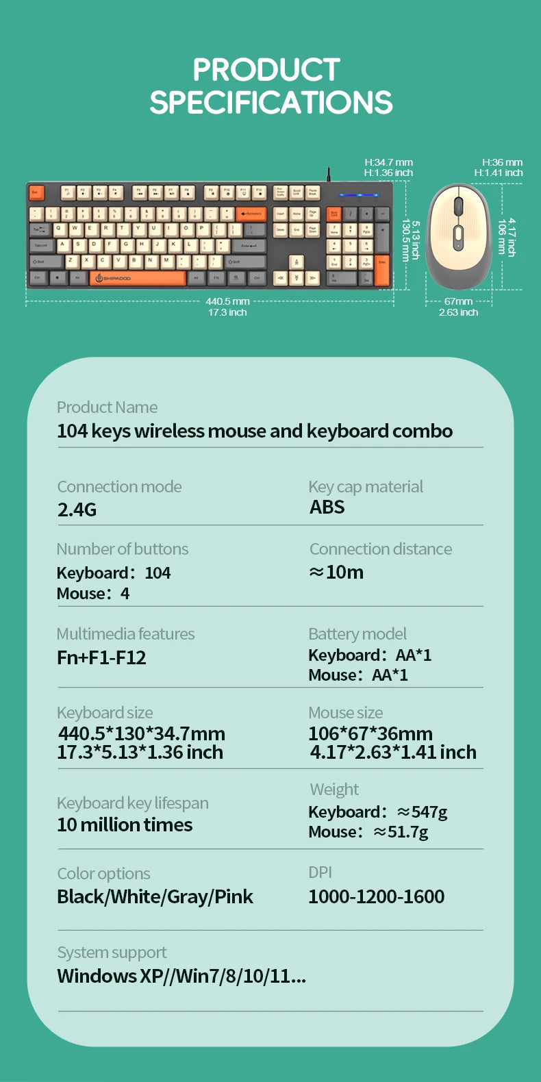 Shipadoo Wireless Keyboard and Mouse Combo Set Gaming Wireless Laptop Desktop Computer Office Accessories Free Wireless Mouse