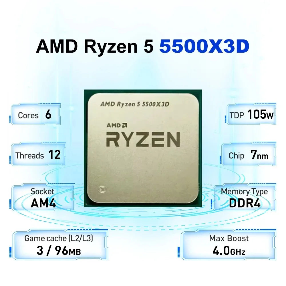 AMD Ryzen 5 5500X3D 3.1GHz 6-Core 12-Thread Desktop Processor AM4 CPU with 3D V-Cache Technology