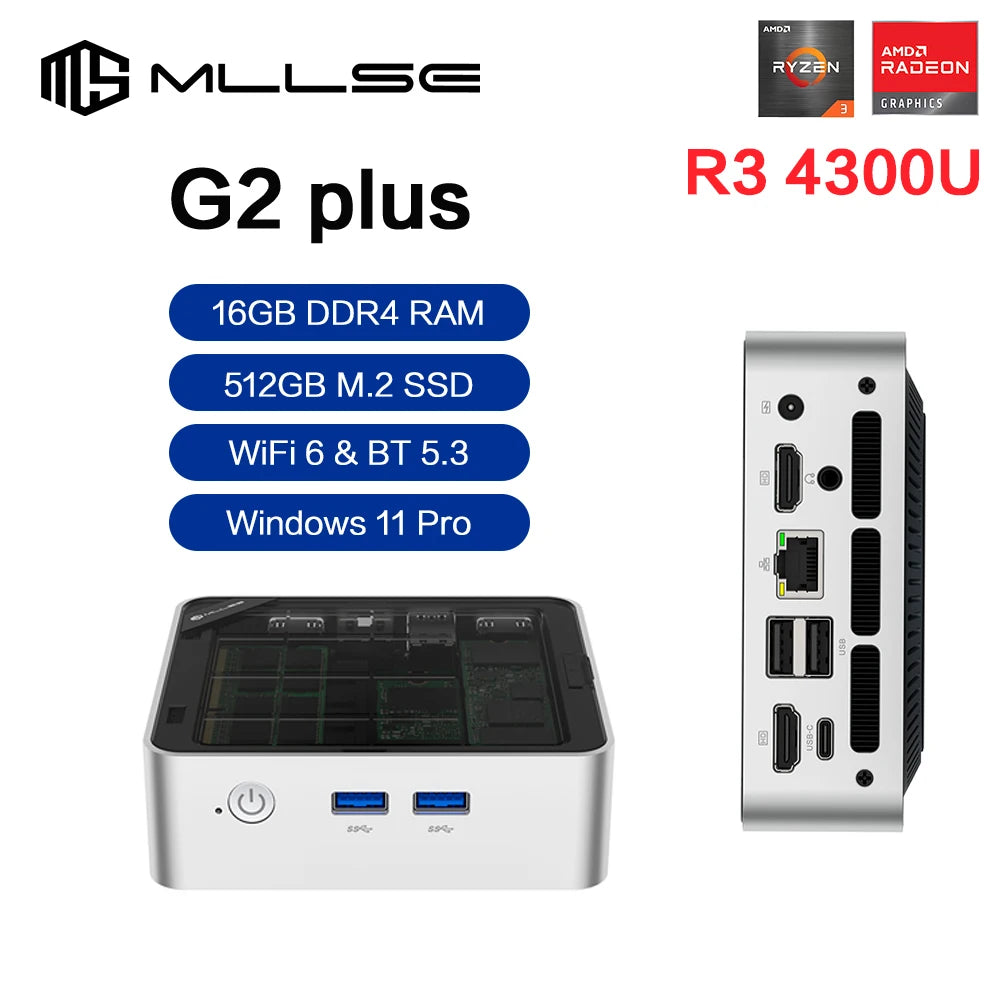 MLLSE G2 Plus Mini PC — AMD Ryzen R3-4300U, 16GB DDR4, 512GB SSD, WiFi 6, Windows 11 Pro