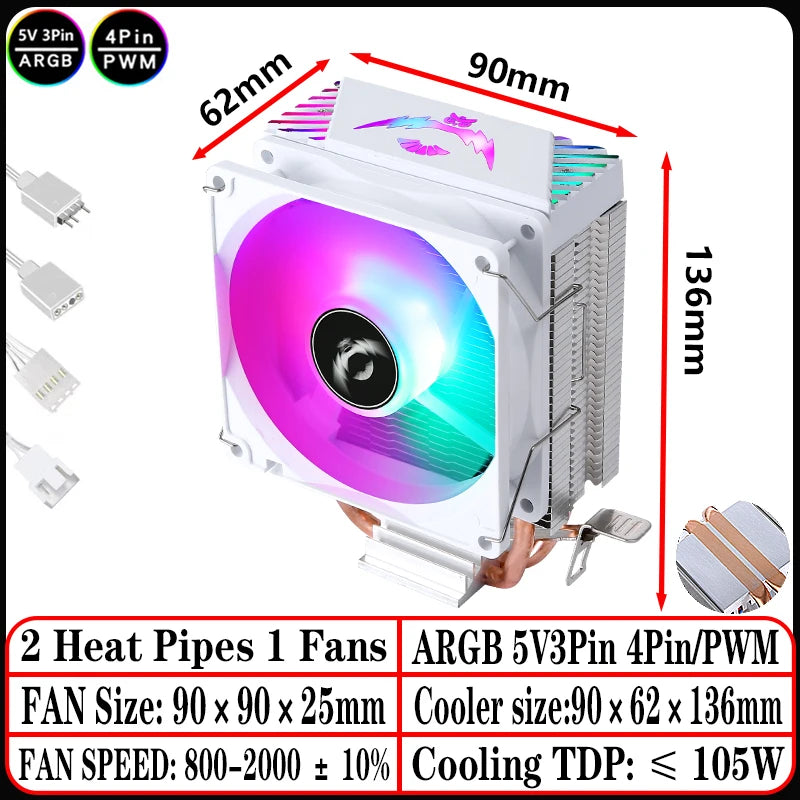 2/4/6 Heat Pipe CPU Cooler RGB Fans 90mm Air-Cooled Black and White Radiator for Install LGA1200 1700 1851 115X 2011 AM4 AM5 X99