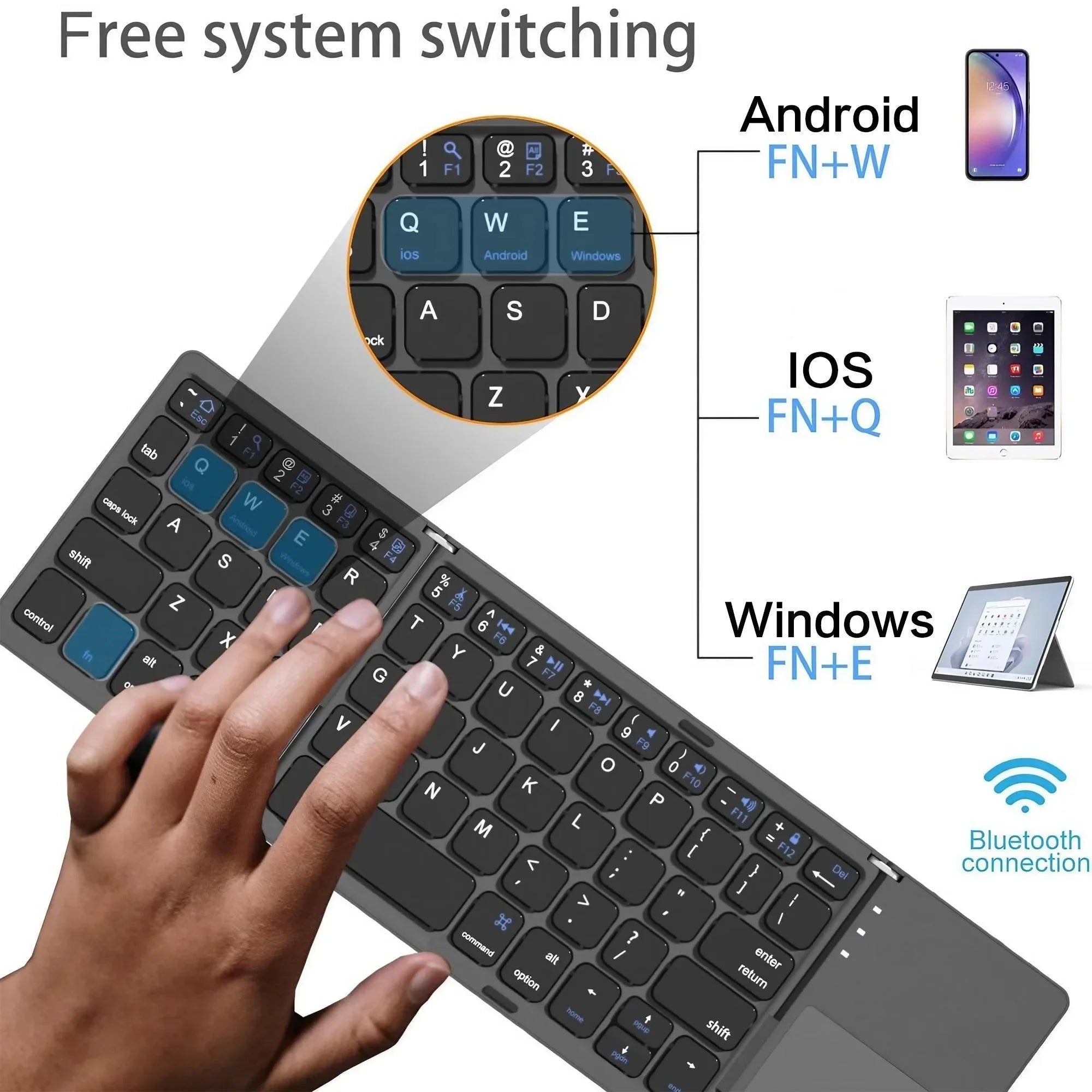 Portable Bluetooth Keyboard for iPad Tablet Mobile Phone Tri-fold Touchpad Wireless External Keyboard Accessories