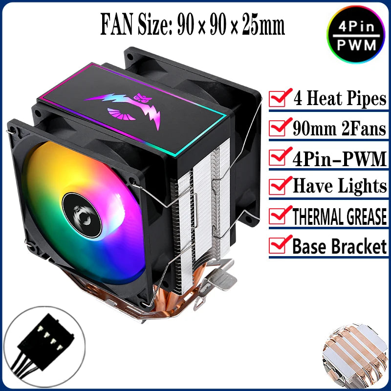 QiuzAim Tower Type Radiator Air-cooled 2/4/6 Heat Pipe CPU Cooler ARGB Fan 90mm Install LGA2011 2066 x99 115x 1200 1700 AM4 AM5