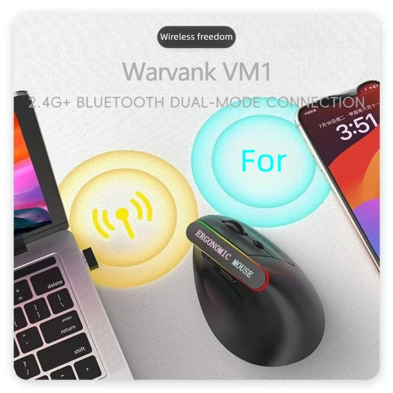 Warvank VM1 Vertical Wireless Mouse — Ergonomic, 1600 DPI, Rechargeable, Silent