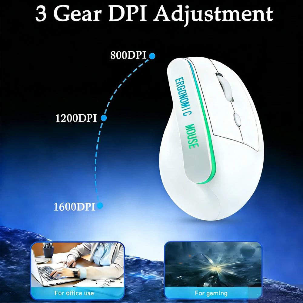 Dual Mode Vertical Ergonomic Mouse — RGB, Wireless 2.4G + Bluetooth, Rechargeable, Silent