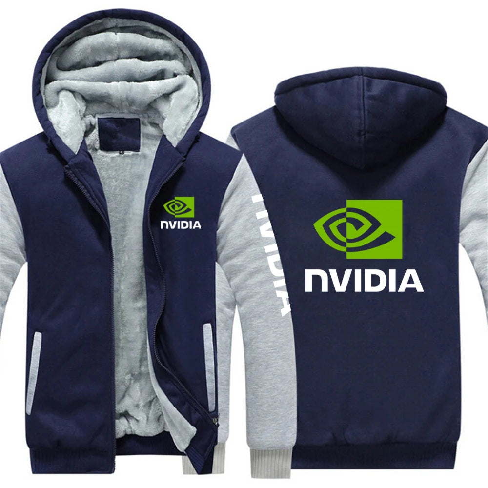 2025 Autumn Winter Men NVIDIA Logo Print Popular Patchwork Sleeve Cold Prevention Warm Coat Trendy Comfortable Thickened Hoodies