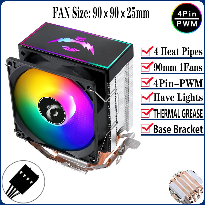 QiuzAim Tower Type Radiator Air-cooled 2/4/6 Heat Pipe CPU Cooler ARGB Fan 90mm Install LGA2011 2066 x99 115x 1200 1700 AM4 AM5